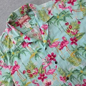 RJC Mens Hawaiian Shirt Large Blue Flamingo Palm Tree Floral Made in Hawaii USA